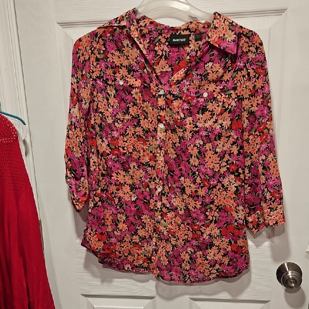 Avenue Women's Floral Button Down Shirt - Pink and Orange